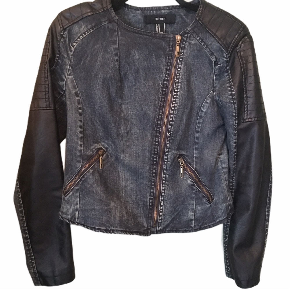 Forever 21 Denim & Faux Leather Moto Jacket